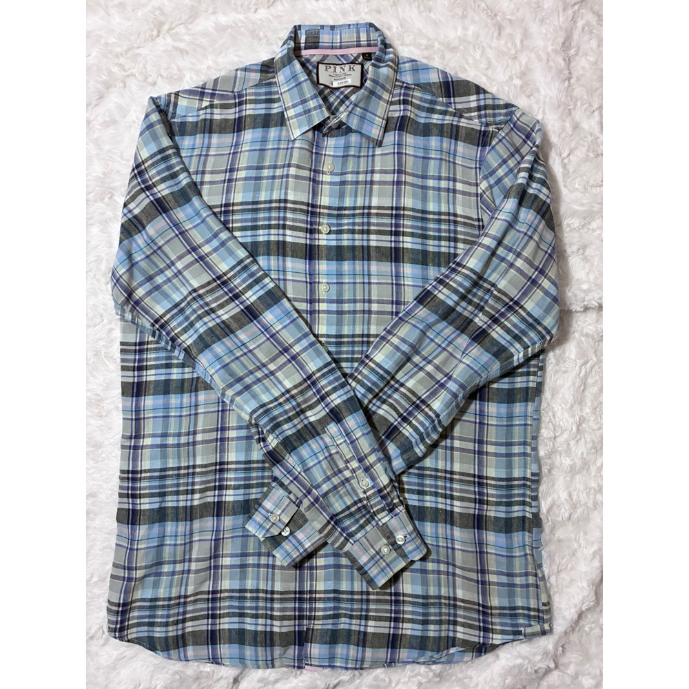 Thomas Pink Mens Plaid Linen Blend Button Down Shirt Blue Grey Yellow Size M